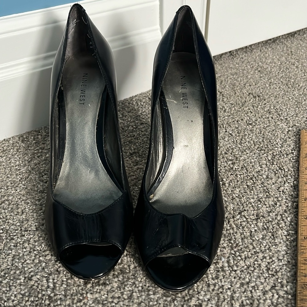 Nine West peep toe black leather heels